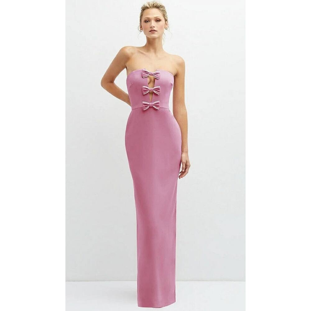 After Six Pink Rhinestone Crystal Trimmed Bow Peek-a-Boo Deep-V Maxi Dress - 0